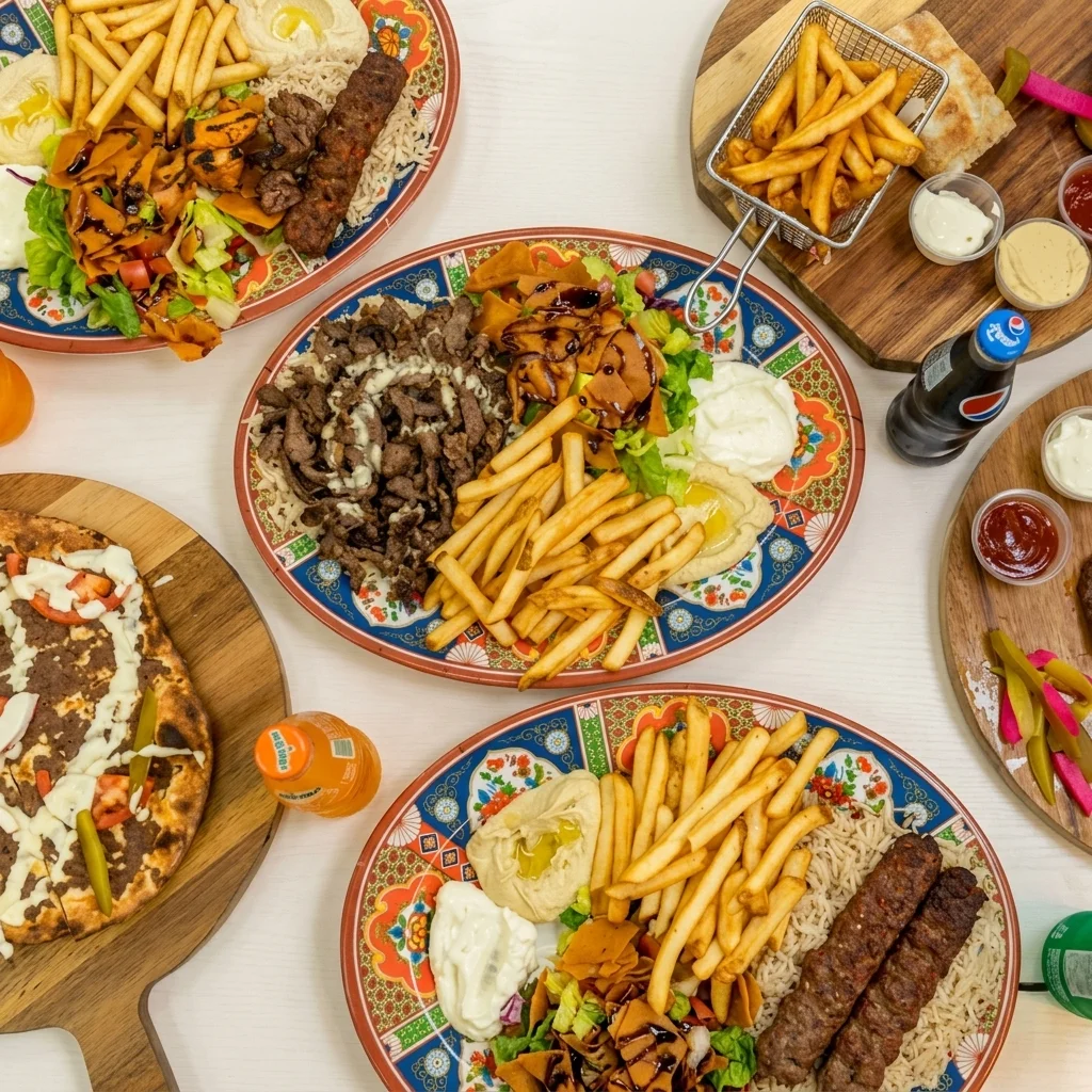 Mediterranean and Lebanese platters spread on the table at 137 Ave Mediterranean Cuisine in Castle Downs, Edmonton