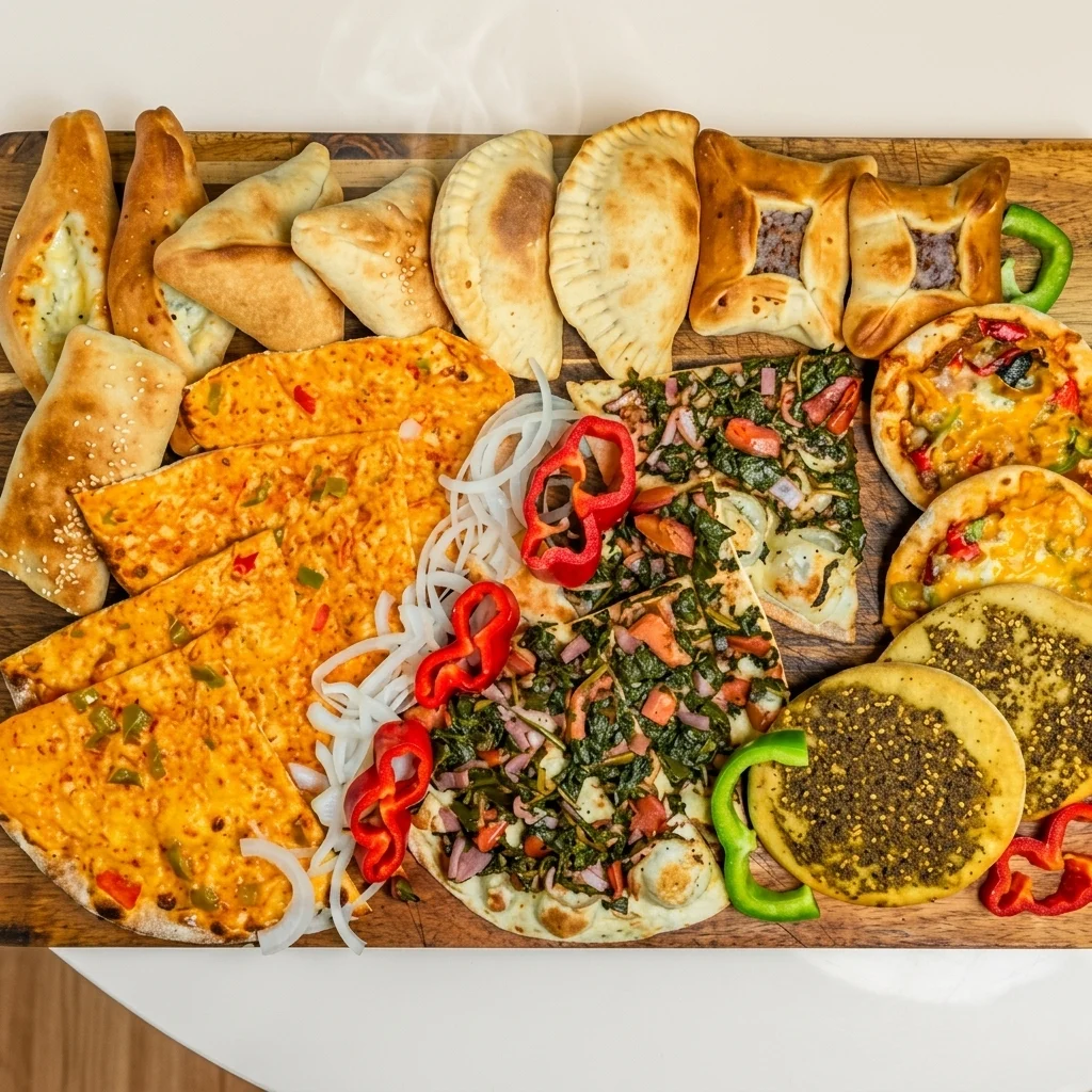 Lebanese manakeesh and mezze board with za'atar, cheese and meat flatbreads at 137 Ave Mediterranean Cuisine in Castle Downs, Edmonton